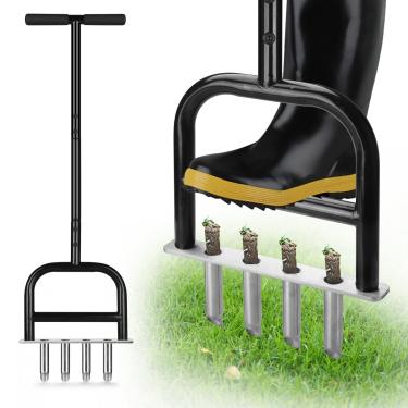 Imagem de Qdreclod Ferramenta de aerador de núcleo de grama, aerador de grama, 4 dentes ocos para aeração eficiente, aerador manual de aço pesado para cuidados com o gramado/afrouxamento do solo do quintal
