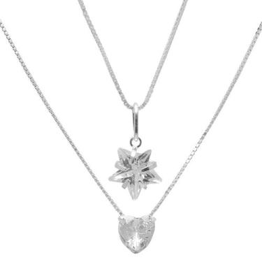 Imagem de Colar Duplo Estrela E Coração Em Prata 925 Correntinha Com Zircônia Cr