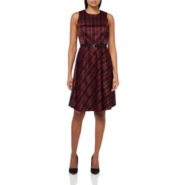 Imagem de Tommy Hilfiger Vestido midi feminino sem mangas de couro sintético justo e flare, Preto/Escarlate Multi, 36