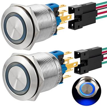 Imagem de ZJWZJH Interruptor de botão de pressão 22 mm intertravamento 12V 1No 1Nc Spdt Interruptor industrial à prova d'água com cabeça LED Angel Eye para orifício de montagem de 2,2 cm com cabo de 2 pés