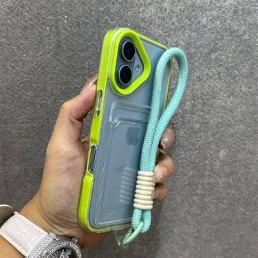 Imagem de Capa tipo carteira de luxo transparente com compartimento para cartão para iPhone 16, 15, 14 Plus, 12, 11, 13 Pro Max, alça de pulso de silicone macio, capa de corda de mão, verde, para iPhone 15 Pl