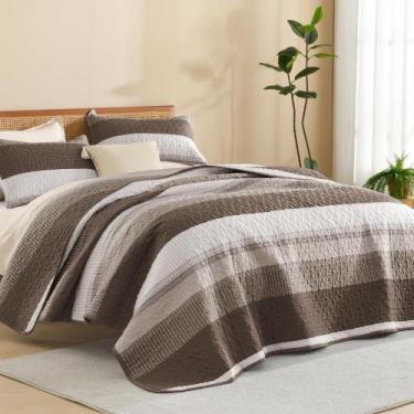 Imagem de Conjunto de roupa de cama de edredão Litanika Queen Size Brown Stripe 