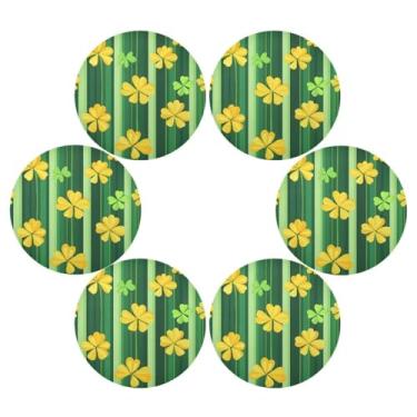 Imagem de Wassud Jogo americano conjunto de 6 tapetes redondos listrados verdes amarelos para cozinha e jantar tapetes laváveis resistentes ao calor para decoração de mesa 39 cm