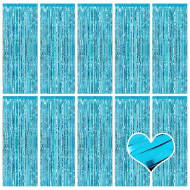Imagem de Pacote com 10 cortinas de fundo azul-petróleo, 1 m x 2,5 m, cortinas metálicas de franja de folha de estanho, fundo de cabine de fotos, para decoração de festa de aniversário, chá de bebê, noivado