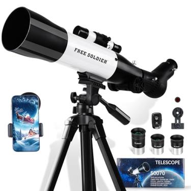 Imagem de FREE SOLDIER Telescópio refrator de 70 mm de abertura de 500 mm para adultos de alta potência - Telescópio refratário astronômico profissional para adultos iniciantes com adaptador de telefone branco