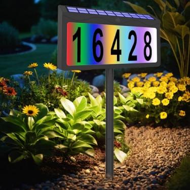 Imagem de Lxnuinxl Número de casa com iluminação solar à prova d'água, 8 modos de iluminação RGBW com mudança de cor, placa de endereço iluminada, placa de endereço para quintal, caixa de correio, escritório