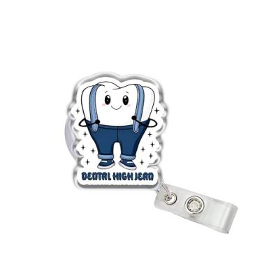 Imagem de OKOMCM Carretel retrátil para crachá dental High Jeans, tamanho de 5 cm, clipe de cinto, suporte de crachá de identificação de acrílico, cordão fofo para trocadilhos de dentes, acessórios de