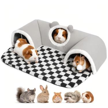 Imagem de Túnel esconderijo de porquinho-da-índia com cama quente removível, túnel de brinquedo esconderijo de animais pequenos de 3 cavernas, acessórios aconchegantes para hamsters, chinchilas, ratos