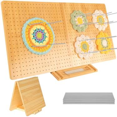 Imagem de Placa dobrável de bloqueio de crochê com 30 pinos – placa grande de bambu de 58 cm x 29 cm feita à mão para vovó, suporte com armazenamento de pinos, 800 furos para projetos precisos, armazenamento