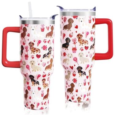 Imagem de aienssfwe Copo de Dia dos Namorados, copo rosa para cães com alça e canudo, copo de aço inoxidável de 1,134 g, garrafa de água isolada, presentes de Dia dos Namorados para mulheres