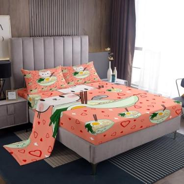 Imagem de Castle Fairy Jogo de lençol solteiro, macarrão ramen, comida japonesa, 2 peças, para decoração de quarto de crianças, meninas, meninos, adolescentes, lençol com elástico, lençol com elástico vermelho