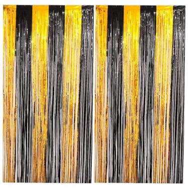 Imagem de 2 peças de cortinas de fundo com franjas pretas e douradas 99 x 198 cm, decorações de festa de dança para véspera de ano novo de 2026, formatura de Natal, aniversário, chá de bebê, festa de revelação