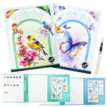 Imagem de Mulyric Pacote com 2 livros de pintura em aquarela para adultos e iniciantes - Kit de arte multifuncional para alívio do estresse com bloco de 3 dobras, 32 páginas pré-impressas, 24 cores e 2 pincéis
