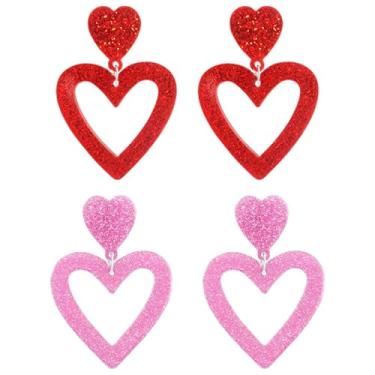 Imagem de WCRAZYE 4 pares de brincos femininos para dia dos namorados brilhante, rosa, vermelho, coração, presente, Medium, Liga de aço, Sem pedra preciosa