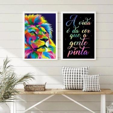 Imagem de Kit 2 Quadros Leão 45x34cm - Vidro, Moldura Preta