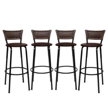 Imagem de Kit 4 Banco Banqueta Alta Encosto Junco Argila Aço Bar Balcão Gourmet 