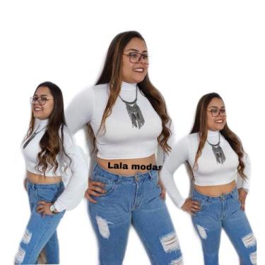 Imagem de Cropped Feminino Gola Alta Manga Longa em Suplex/branco/preto/rosa - l