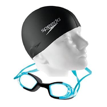 Imagem de Kit Óculos Natação Speedo Mariner + Touca Flat Silicone (Preto - Azul claro/Touca Flat Preta)