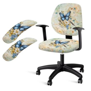 Imagem de Wanzuoeng Conjunto de 4 capas de cadeira de escritório de computador com estampa de flores de borboleta, capa de cadeira de escritório macia e confortável com capas de apoio de braço, à prova de