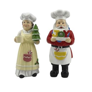 Imagem de iStatue Conjunto de 2 Estatuetas de Natal do Chef Papai Noel e Sra. Claus - Decoração de Natal de Resina Pintada à Mão para Cozinha, Cornija e Presentes - Colecionáveis Festivos e Duráveis (Chef