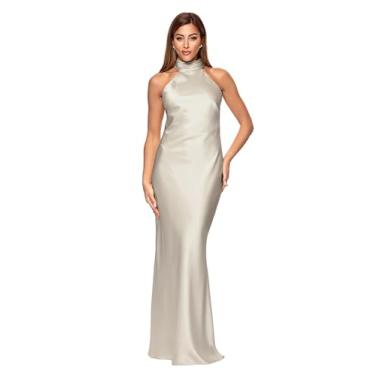 Imagem de Xscape Vestido feminino de cetim com gola redonda e comprimento até o chão, Champanhe, 38