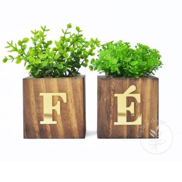 Imagem de Dupla de Vasinhos Decorativos Com Plantas Artificiais Palavra FÉ - fog