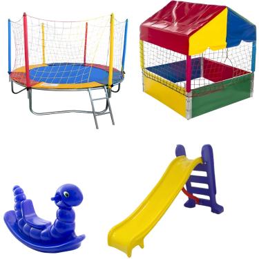 Imagem de Kit Pula Pula Trampolim 2,30m Piscina de Bolinhas Quadrada 1,00m Escorregador Médio Gangorra 1 Lugar 