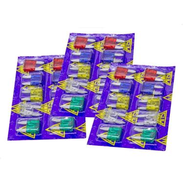 Imagem de Kit 3 Cartela Fusível Mini Carro 30 Pcs 10A 15A 20A 25A 30A