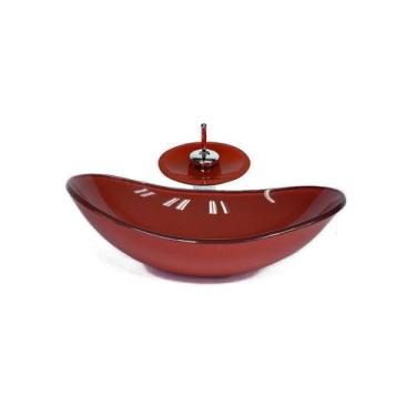 Imagem de Cuba de vidro oval 55cm  vermelho cereja + valvula  + torneira cascata