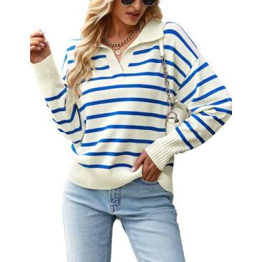 Imagem de Suéter feminino BQDCQB, polo listrado, decote em V, solto, azul, acríl