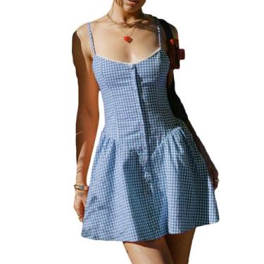 Imagem de Vestido SOLILOQUY Y2K Gingham Fairy Grunge xadrez Bodycon azul XL