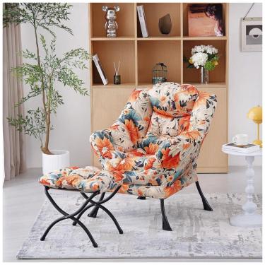 Imagem de Cadeira reclinável Welnow com puff estofado branca com estampa floral laranja e bolso lateral para leitura e descanso