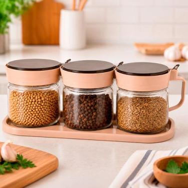 Imagem de Porta Temperos 3 Potes Com Tampa Colher E Suporte Cozinha - DOLCE HOME