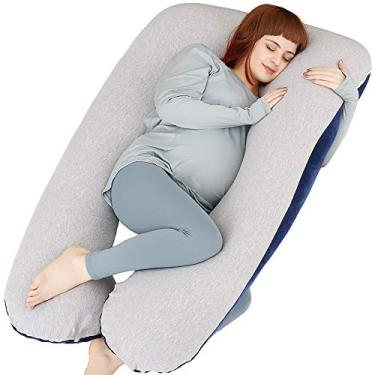 Imagem de Almofada de gravidez em forma de U da Moon Pine, almofada de corpo inteiro para gestantes, suporte de pernas e barriga, almofada de dormir para mulheres grávidas e pessoas de sono lateral com capa removível, Blue&grey-velvet&jersey, 55 Inch