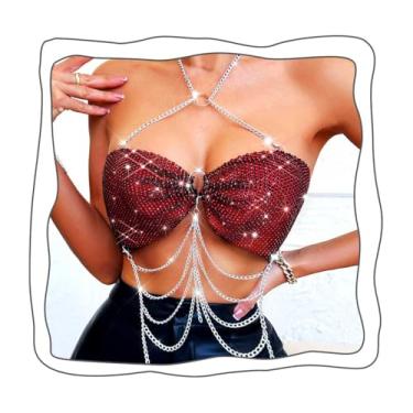 Imagem de Uranian Sutiã com strass, corrente sexy para o corpo, biquíni brilhante, top curto boate, rave, festa, acessórios corporais, joias para mulheres e meninas, free size, Náilon, Strass