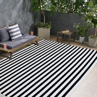 Imagem de Tapete de exterior preto e branco 1,2 m x 1,8 m Tapete listrado de varanda frontal tapete de algodão tecido à mão tapete lavável à máquina tapete de área interna/externa para tapetes de porta em camadas/casa de fazenda/sala de estar (10 x 18 cm)