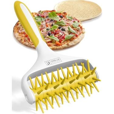 Imagem de Orblue Estufa de massa de pizza, rolo de pastelaria com pontas, ferramenta de ancoragem de pizza para cozinha doméstica e comercial - Acessórios para fazer pizza que evitam bolhas, amarelo