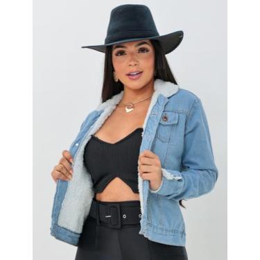 Imagem de Jaqueta Jeans Feminina Forrada Em Pelúcia Pelinhos - Rezes Moda, Azul 