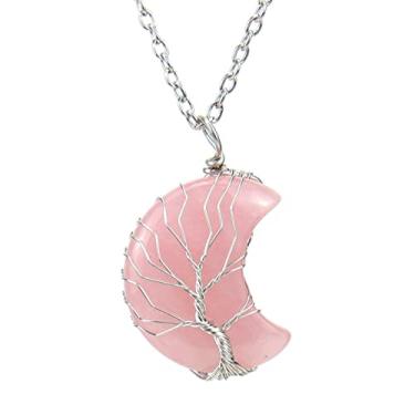 Imagem de Colar com pingente de pedra natural de ametista em forma de coração e quartzo rosa com pingente de pedra natural envolto em arame, coração, lua, lua crescente, para mulheres, presente de cristal de