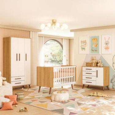 Imagem de Quarto de Bebê Completo Retrô com Berço, Cômoda e Guarda Roupa Com Pés