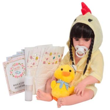 Imagem de Boneca Bebe Reborn Morena Realista Roupão + Kit Acessórios - Cegonha R