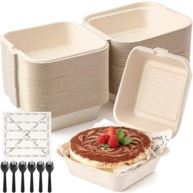 Imagem de Blushtier Pacote com 50 caixas de sobremesa com tampas, papel à prova de gordura e garfos, recipiente de tiramisu de papel de 10 x 10 cm, caixa de bolo descartável em concha de tiramisu para casamento