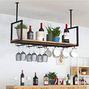 Imagem de Suporte de vidro de vinho pendurado em ferro forjado prateleira de armazenamento de madeira maciça estilo europeu para bar ou cozinha rack de exibição montado no teto dourado, 100 * 30 * 60 cm