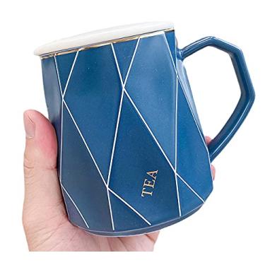 Imagem de Caneca de estilo minimalista com tampa de colher estilo nórdico poligonal copo de café de cerâmica simples conciso presente para escritório casa (estilo minimalista azul, 400 ml)