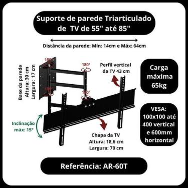 Imagem de Suporte para TV de parede 3 articulações de 55" até 85" com inclinação