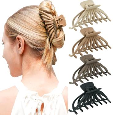Imagem de Pacote com 4 grampos de garra de cabelo grandes para mulheres, grampos de cabelo fofos de 12 cm para cabelos grossos, clipes de mandíbula antiderrapantes fixadores fortes foscos para meninas acessórios estilo de cabelo (cores neutras)