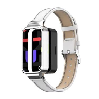 Imagem de T-BLUER Pulseiras de substituição de couro compatíveis com Xiaomi Smart Band 9 Active/Redmi Band 3, acessórios de substituição com moldura de metal para Redmi Band 3 feminino e masculino, 165-220 mm