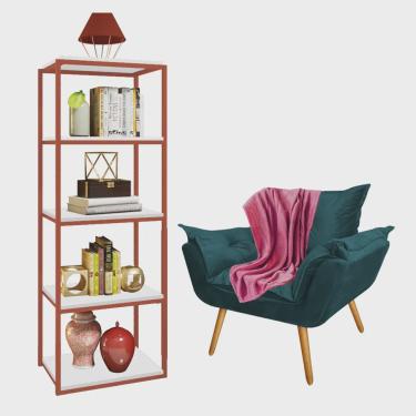 Imagem de Kit Poltrona Fatte com Manta Soft e Estante Livreiro Ferro Bronze mdf Branco Suede Azul Turquesa - Ahazzo Móveis