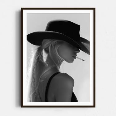 Imagem de Pôster de fotografia feminina preto e branco abstrato feminino arte de parede moda estética imagem feminina fumando pintura em tela preto e branco pôsteres femininos com chapéu imagem 40 x 61 cm sem
