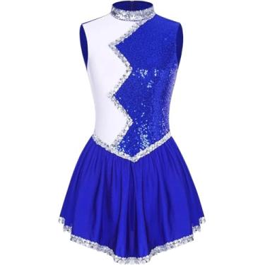 Imagem de Traje De Dança Feminino Patinação Artística No Gelo Traje De Ballet Dança Collant Vestido Brilhante Lantejoulas Bloco De Cor Dancewear Sem Mangas Macacão De Ginástica, Blue, S